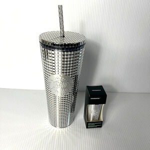 Starbucks Holiday 2023 Silver Disco Grid 24 oz Tumbler with Ornament Key Chain